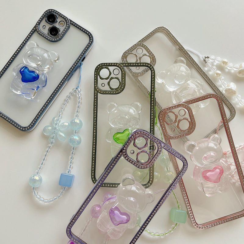 Cute Bear Diamond Clear iPhone Case (Holder and Strap)
