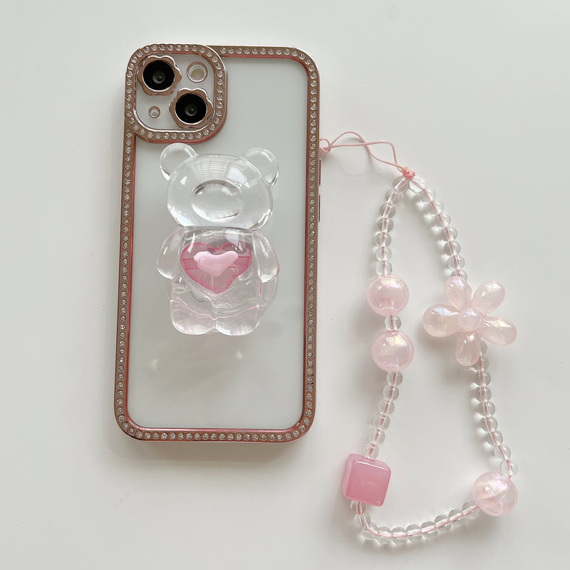 Cute Bear Diamond Clear iPhone Case (Holder and Strap)